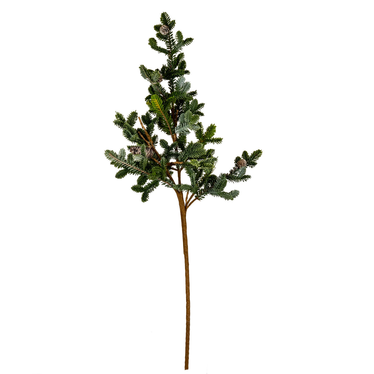 Full view of the artificial foliage swag against white, with a long brown stem branching into green fir-like sprays and small pinecones.
