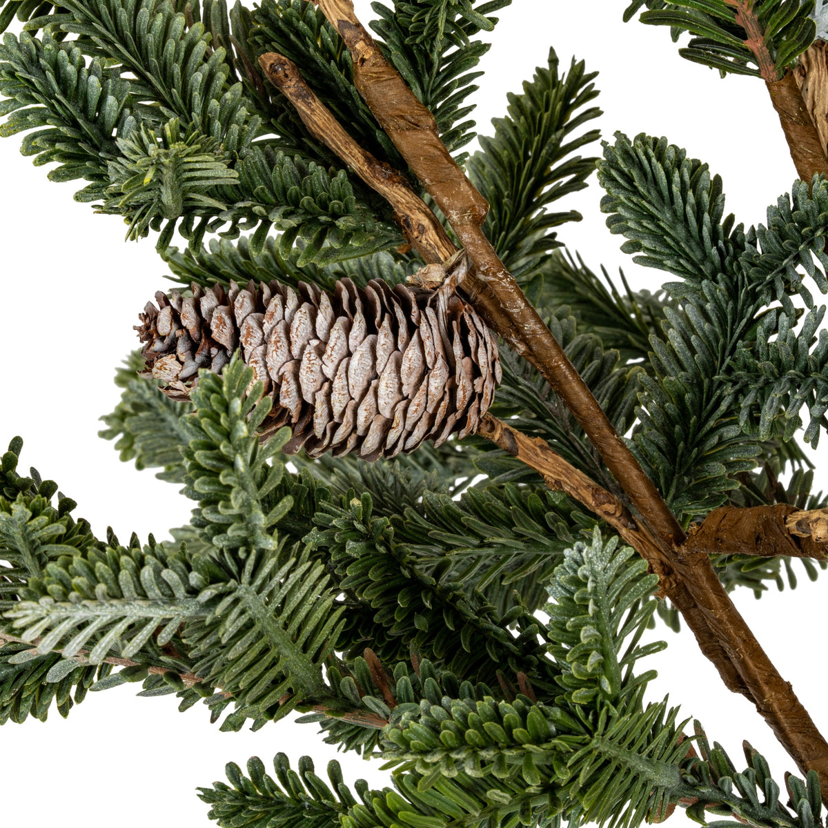Close-up of a brown-grey pinecone with pale-edged scales among dark and grey-green foliage and crossing brown wrapped branches.