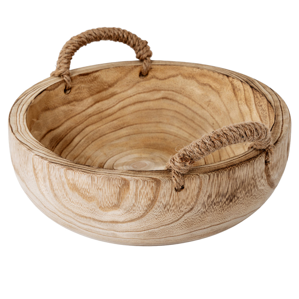 Angled view into the empty bowl showing sweeping grain across the interior, a thick rim and opposing wrapped handles.