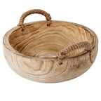 Angled view into the empty bowl showing sweeping grain across the interior, a thick rim and opposing wrapped handles.