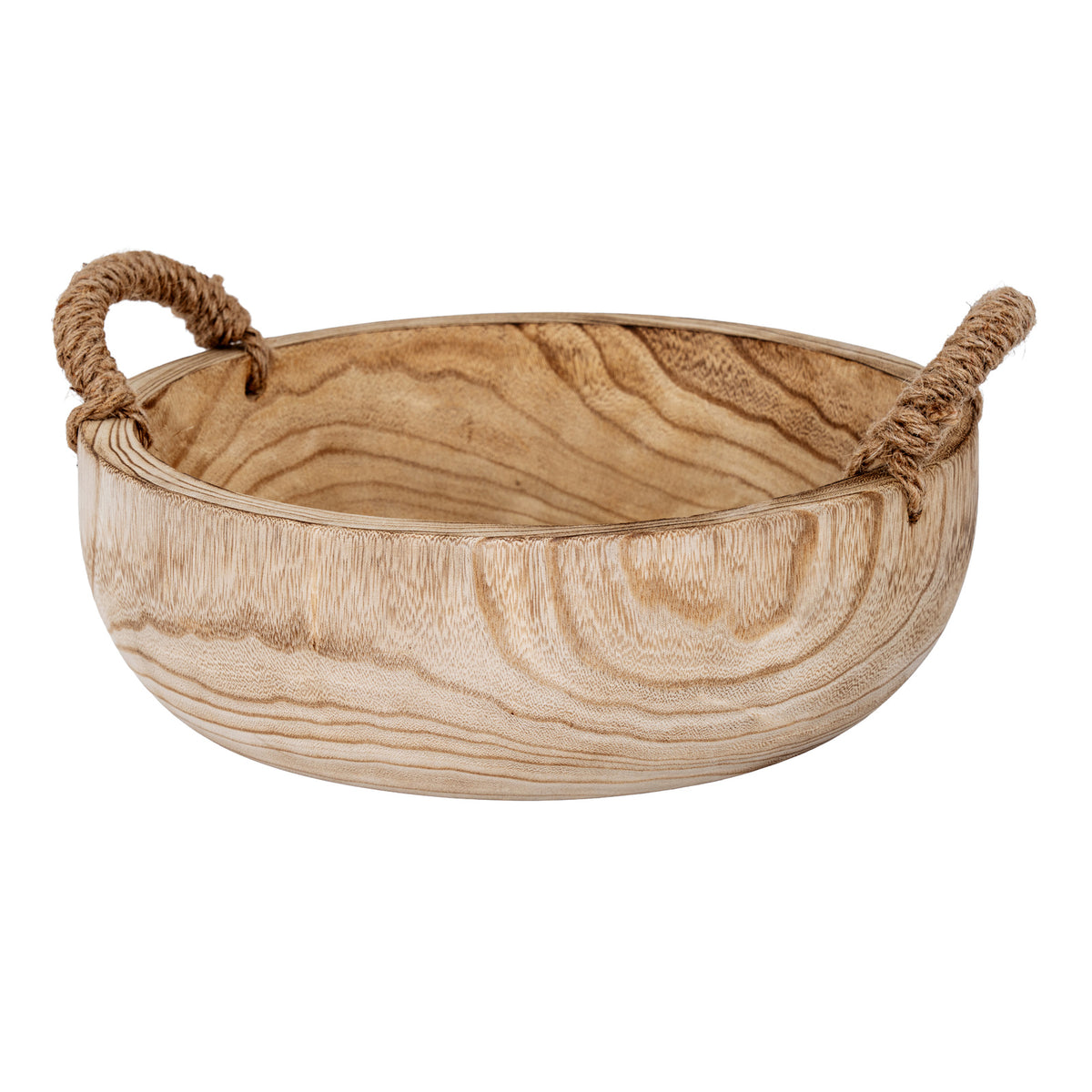 Deep round decorative bowl with golden-brown grain and two tan wrapped loop handles, viewed from the front on white.