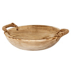 Shallow round decorative bowl with dark flowing grain and tan wrapped loop handles on opposite sides, viewed at an angle against white.
