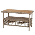 Rectangular coffee table with a brown slatted top, pale wrapped border, woven lower shelf and open lattice base.