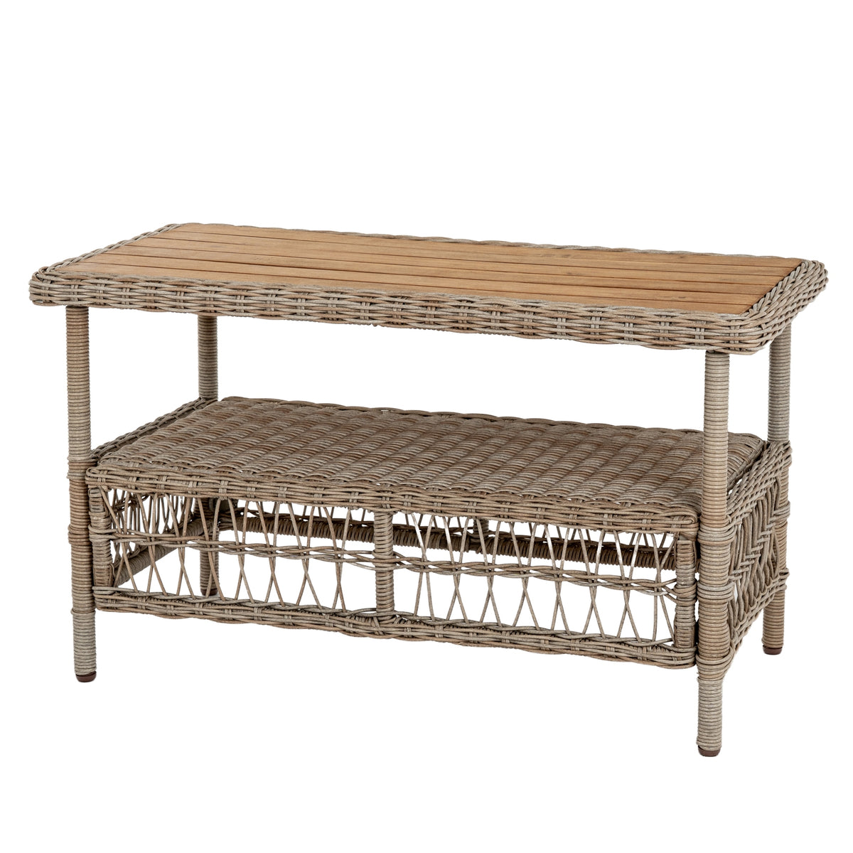 Rectangular coffee table with a brown slatted top, pale wrapped border, woven lower shelf and open lattice base.