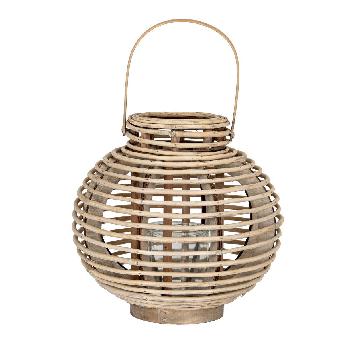 Warm tan round lantern with an arched handle, horizontal bands, darker internal ribs and a central cylindrical holder on a white background.