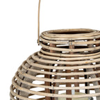 Detail of the lantern's neck and rounded shoulder showing varied tan markings, small visible fastenings and darker ribs behind the horizontal bands.