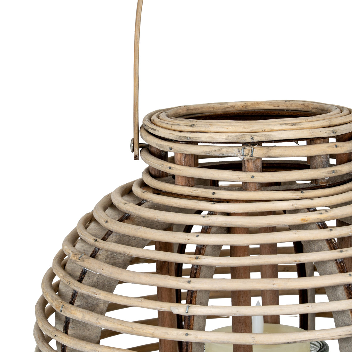 Detail of the lantern's neck and rounded shoulder showing varied tan markings, small visible fastenings and darker ribs behind the horizontal bands.