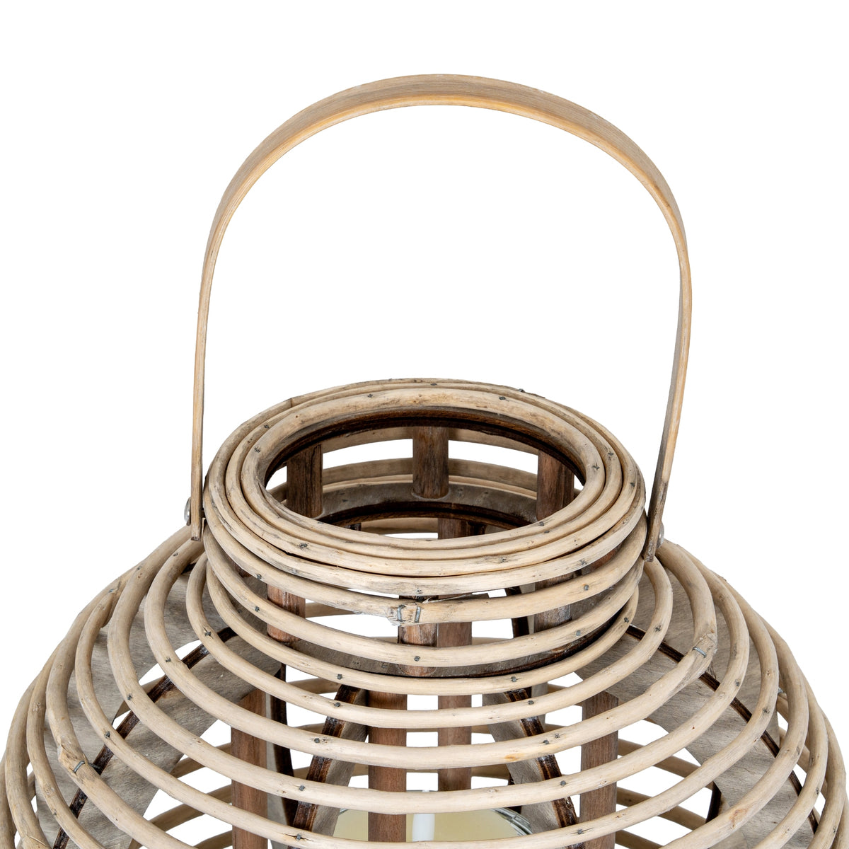 Close view looking down into the lantern's circular neck, with the full arched handle and pale bands around the shoulders visible.