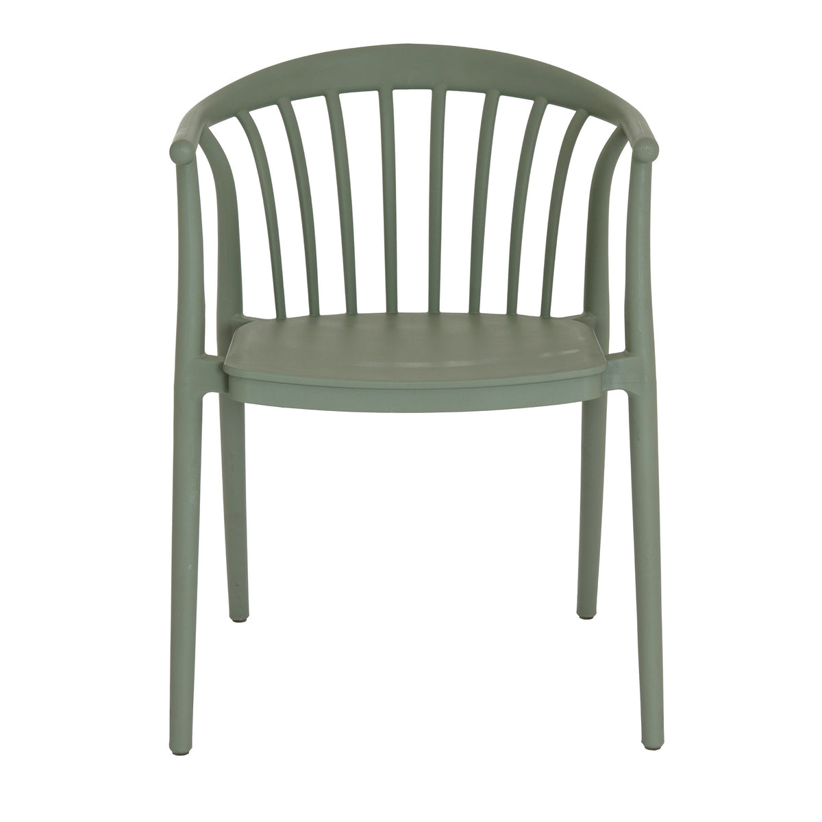 Front view of the green-grey dining chair with narrow vertical back spindles beneath a rounded top rail.