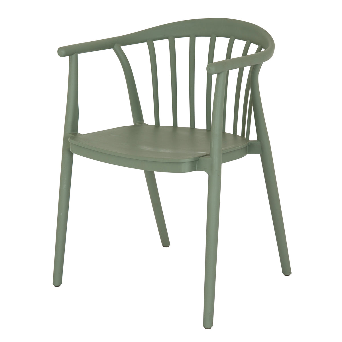 Three-quarter view of the green-grey dining chair showing its wraparound rail, open arms, curved seat and four legs.