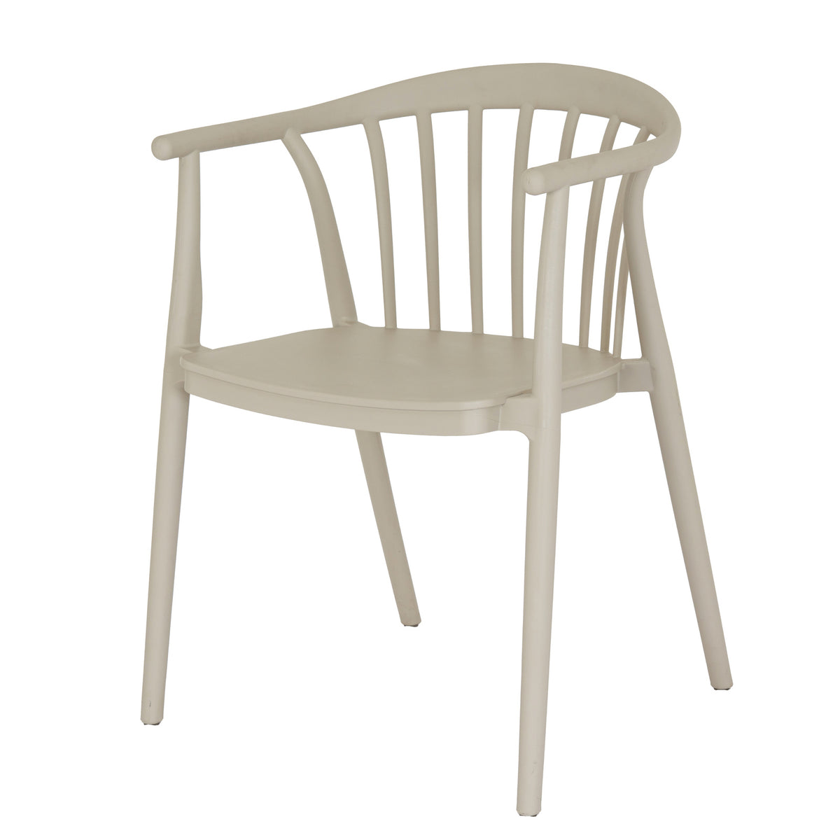 Three-quarter front view of the putty dining chair, showing its curved seat, open arms and wraparound spindle back.
