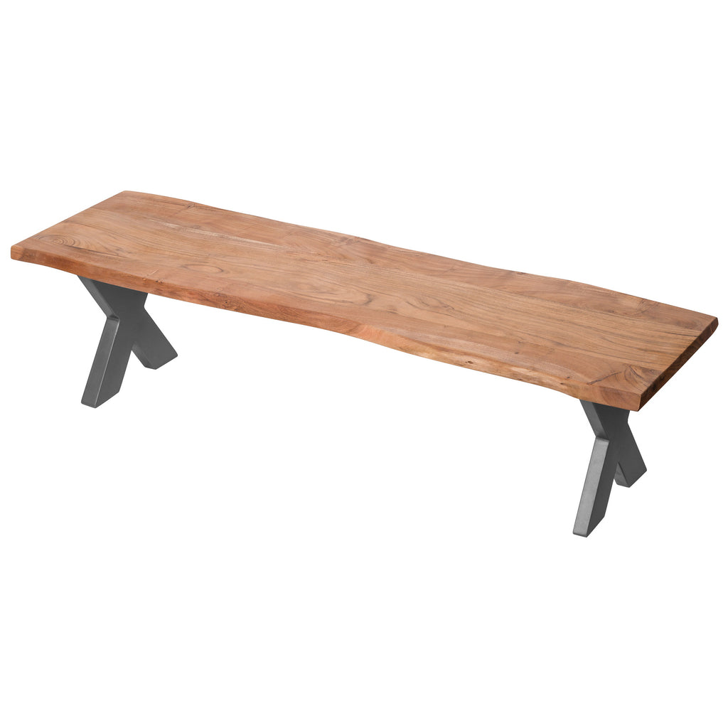 X Edge Bench viewed from above at an angle, showing the long warm-brown seat and two grey X-shaped leg frames.