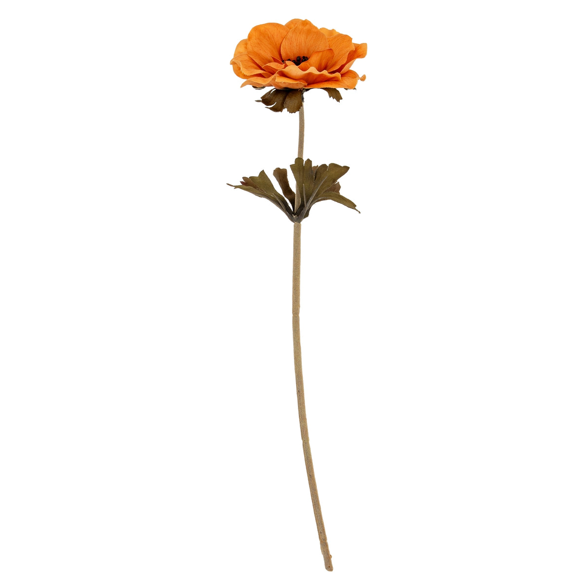 Full view of the artificial flower stem on white, with an open yellow bloom, a long tan stem and a cluster of lobed leaves beneath the flower.