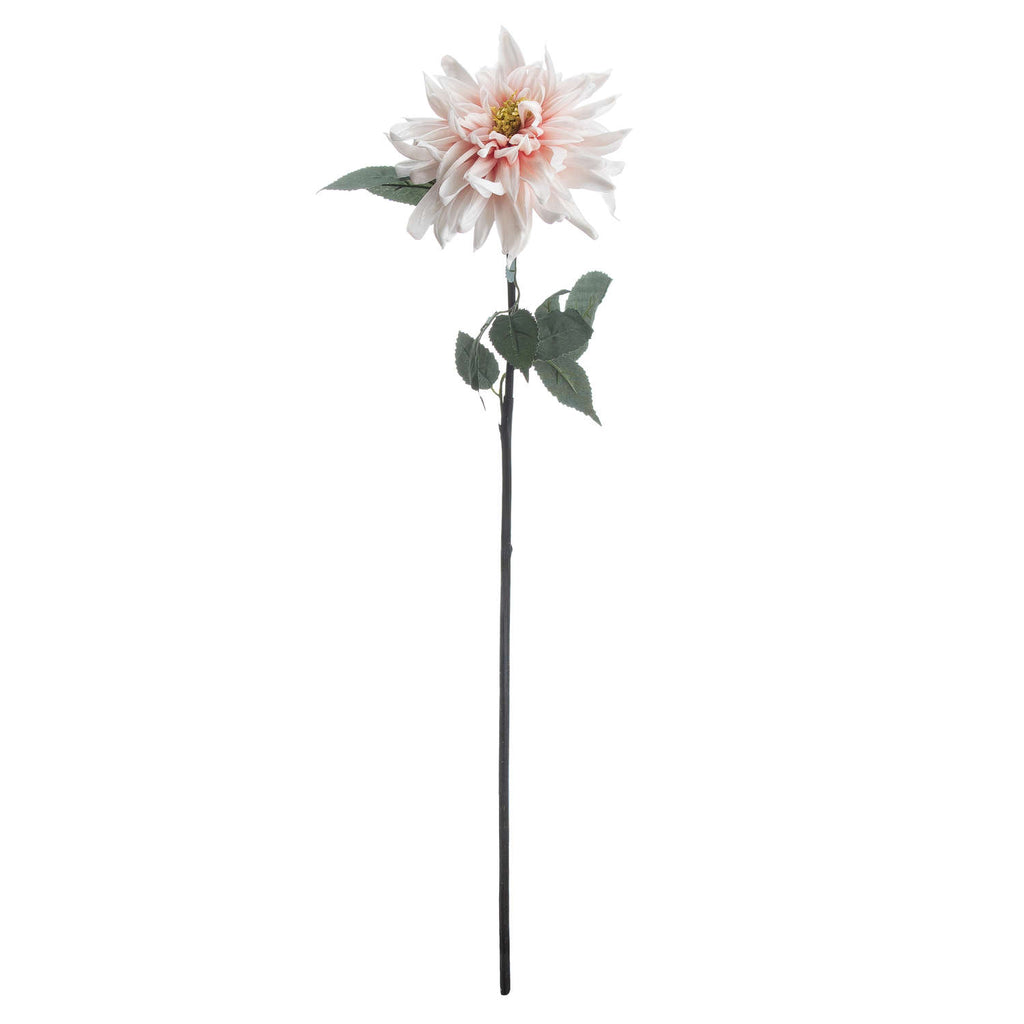 Full view of a pale blush artificial dahlia on a long dark stem, with green leaves beneath the open flower against a white background.