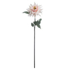 Full view of a pale blush artificial dahlia on a long dark stem, with green leaves beneath the open flower against a white background.