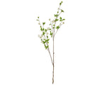 Full view of the Yellowheart Fivepetal artificial flower stem, with branching brown lines, green leaves and small white flower clusters against white.
