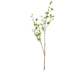 Full view of the Yellowheart Fivepetal artificial flower stem, with branching brown lines, green leaves and small white flower clusters against white.
