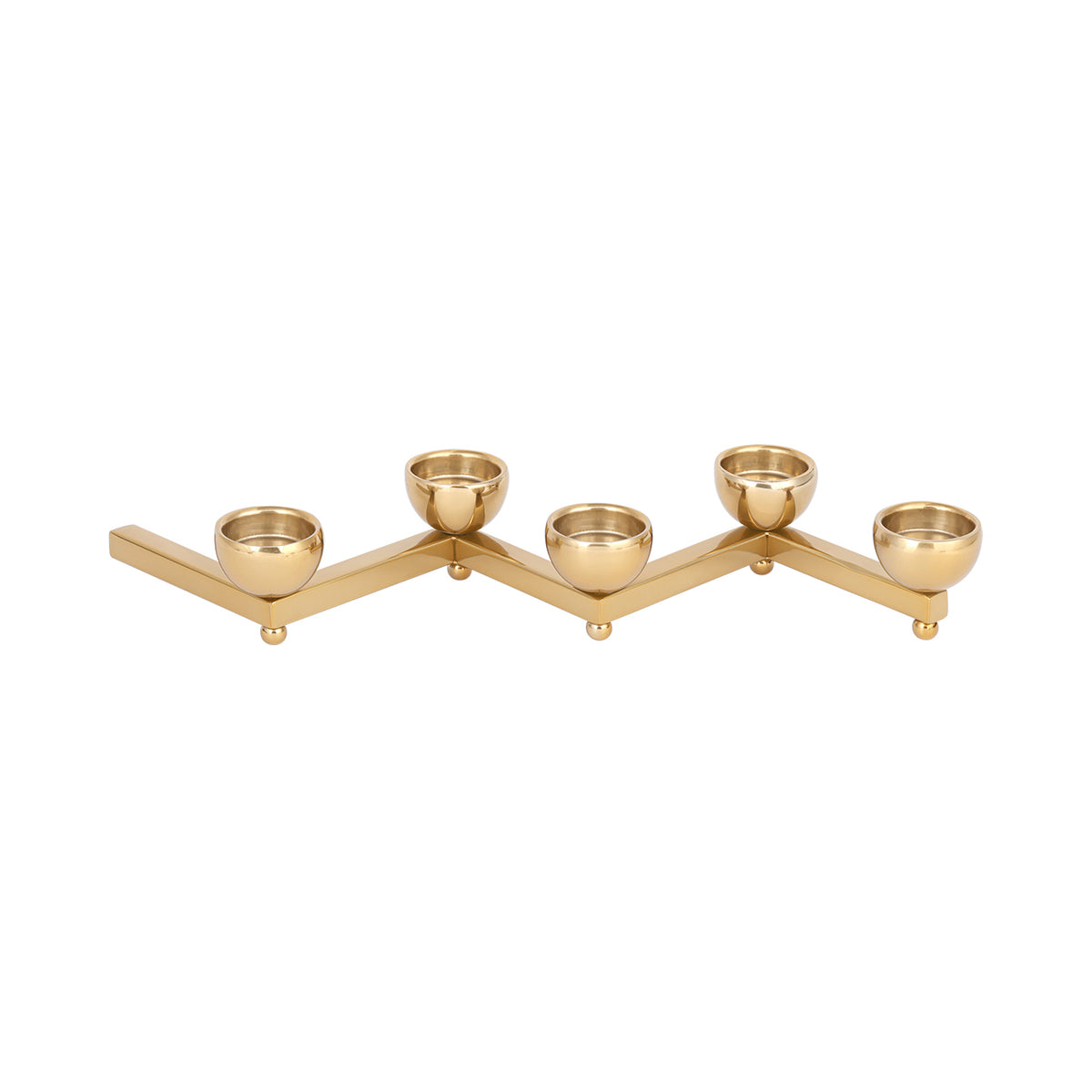 Slightly elevated view of the five-cup tealight holder, showing the circular recesses and polished zigzag bar.
