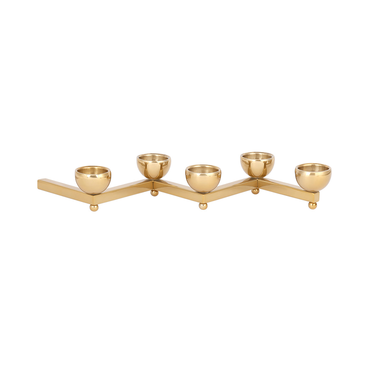 Gold-coloured zigzag tealight holder with five rounded cups and small ball feet, viewed from the front.