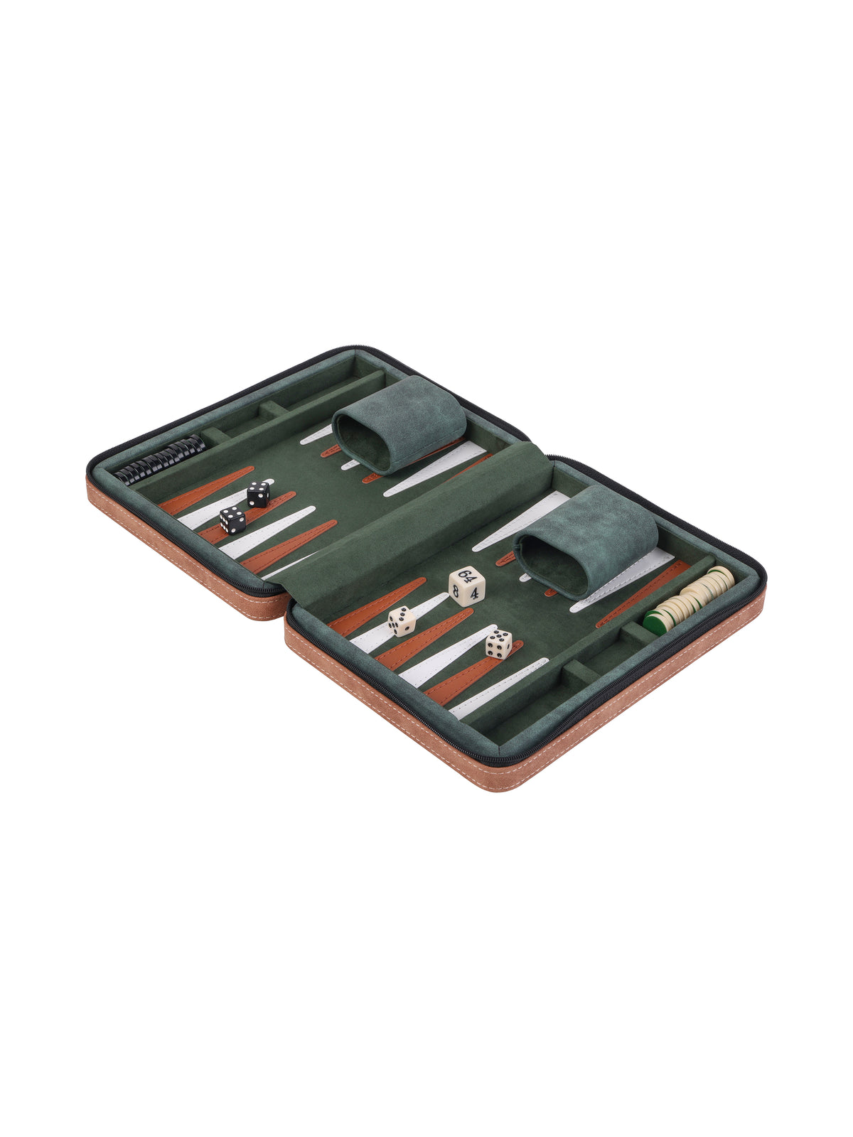 Open green backgammon case viewed at an angle against a white background, with tan stitched edging and white and tan points. Counters sit in compartments along the outer edges; dice and two matching green dice cups rest on the playing surface.