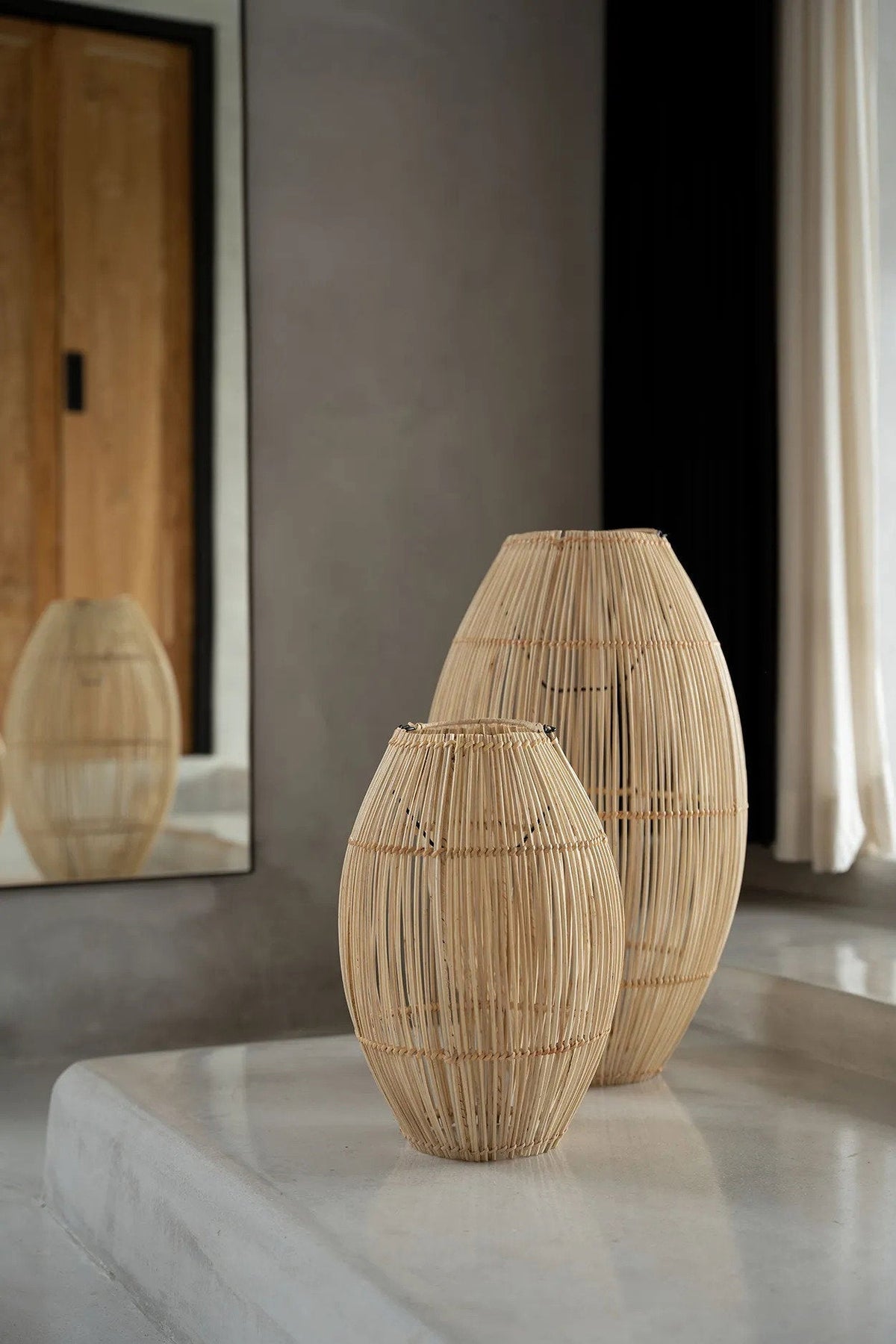 Zuri Rattan Pendant Light – Natural, Medium – large and medium pendants styled on a console