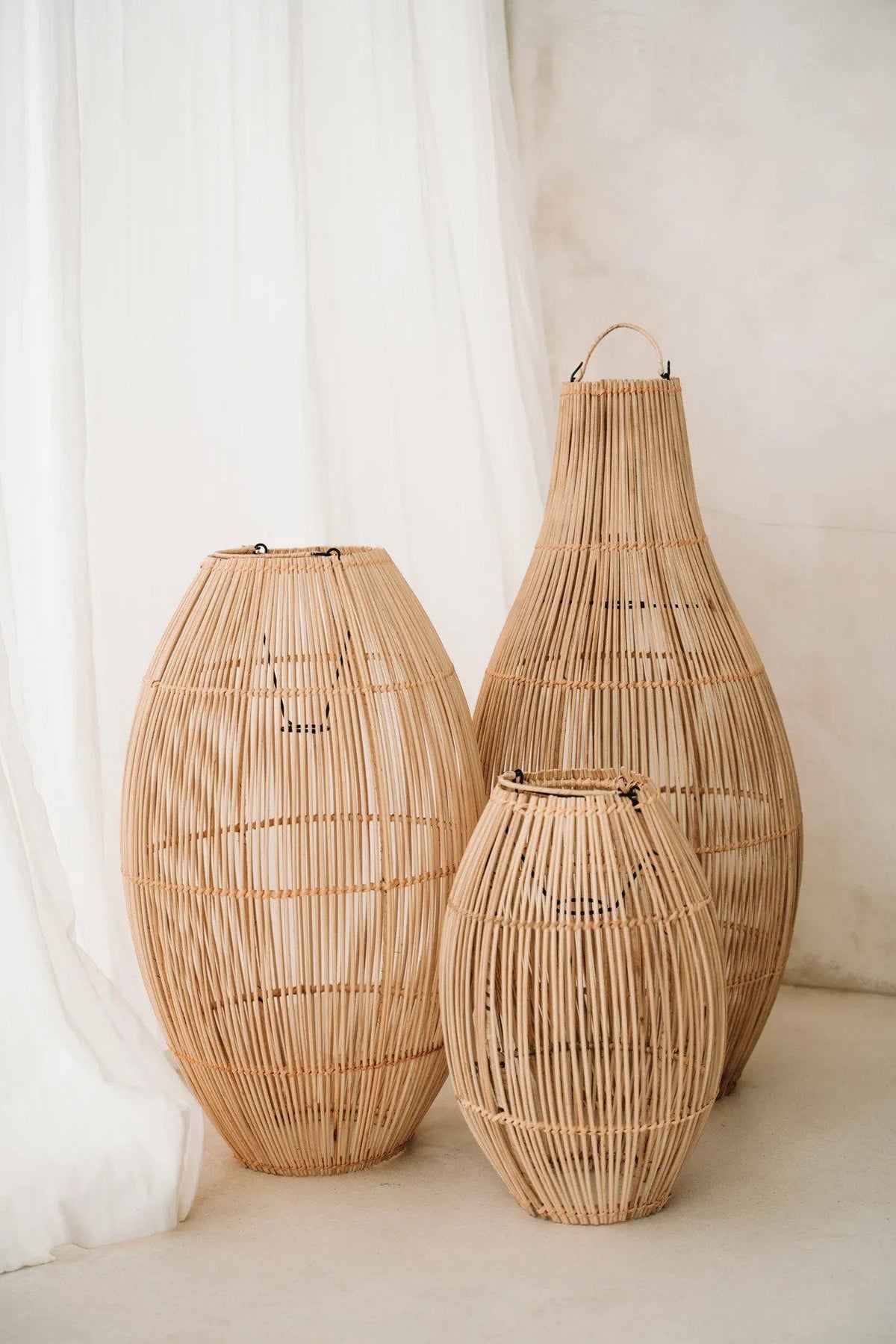 Zuri Rattan Pendant Light – Natural, Small – large and small size pair on a white background